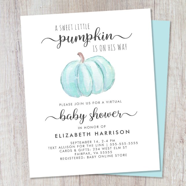 Virtual Baby Boy Shower Blue Pumpkin Einladung (Celebrate the upcoming arrival of your autumn baby boy with a pumpkin-themed virtual baby shower)