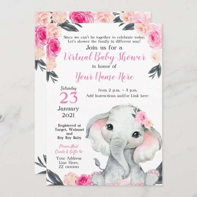 Virtual Baby Dusche Elephant Pink Roses Girl Card Einladung (Vorne/Hinten)