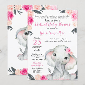 Virtual Baby Dusche Elephant Pink Roses Girl Card Einladung