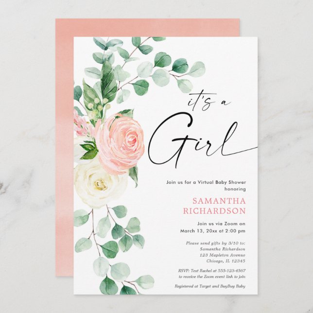 Virtual baby Dusche Feder Blumenrosa Grün Einladung (Vorne/Hinten)