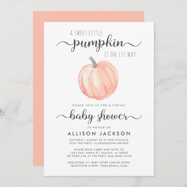 Virtual Baby Dusche Orange Pumpkin Wasserfarbe Einladung (Vorne/Hinten)