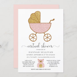 Virtual Baby Dusche Retro Carriage Glitzer Pink Einladung