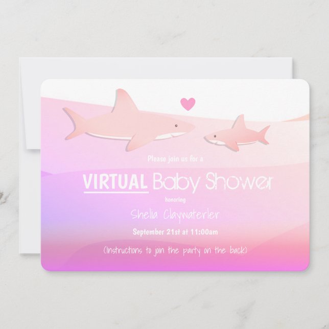Virtual Baby Dusche Rosa Ocean Shark Cartoon Einladung (Vorderseite)