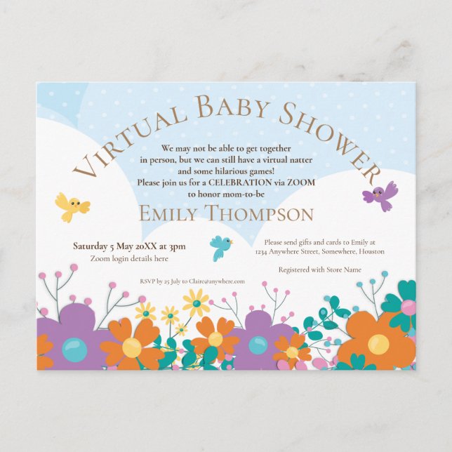 Virtual Baby Dusche Simplistic Florals Birds Einladungspostkarte (Vorderseite)