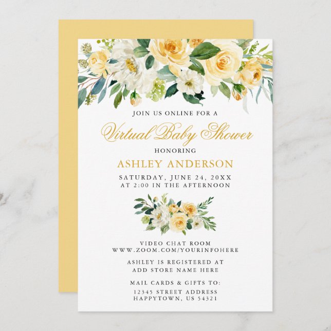 Virtual Baby Dusche Wasserfarbe Gelbe Blüte Einladung (Vorne/Hinten)