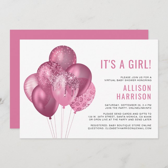 Virtual Baby Girl Dusche Rosa Glitzer Balloons Einladung (Vorne/Hinten)