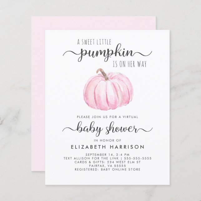 Virtual Baby Girl Duwer Pink Pumpkin Einladung (Vorne/Hinten)