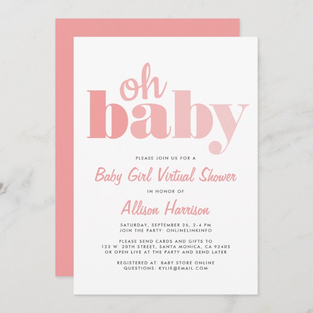 Virtual Baby Girl Shower Oh Baby Coral Einladung (Vorne/Hinten)