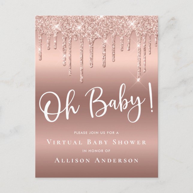 Virtual Baby Shower Driving Glitzer Rose Gold Einladungspostkarte (Vorderseite)