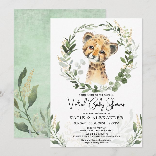 Virtual Baby Shower Greenery Gold Safari Leopard Einladung (Vorne/Hinten)