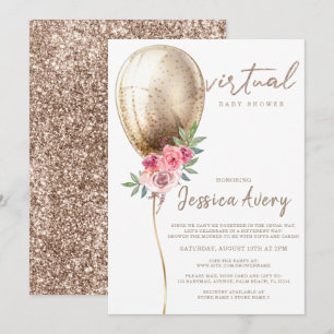 Virtual Baby Shower Luxe Beige Balloon Glitzer Einladung