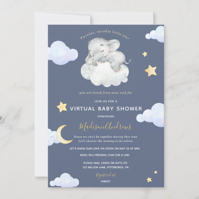 Virtual Baby Shower Twinkle Little Star Elephant Einladung (Vorderseite)