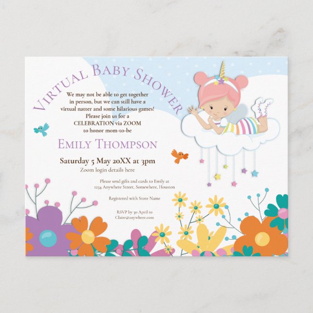 Virtual Baby Shower Unicorn Fairy Birds Florals Einladungspostkarte (Vorderseite)