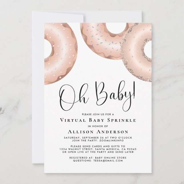 Virtual Baby Sprinkle Rose Gold Donuts Einladung (Vorderseite)