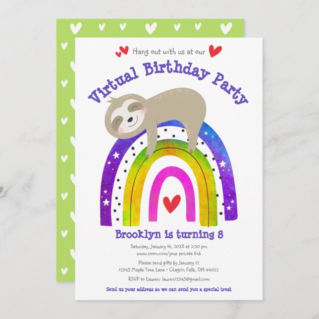 Virtual Birthday Niedlich Sloth Boho Rainbow Moder Einladung (Vorne/Hinten)