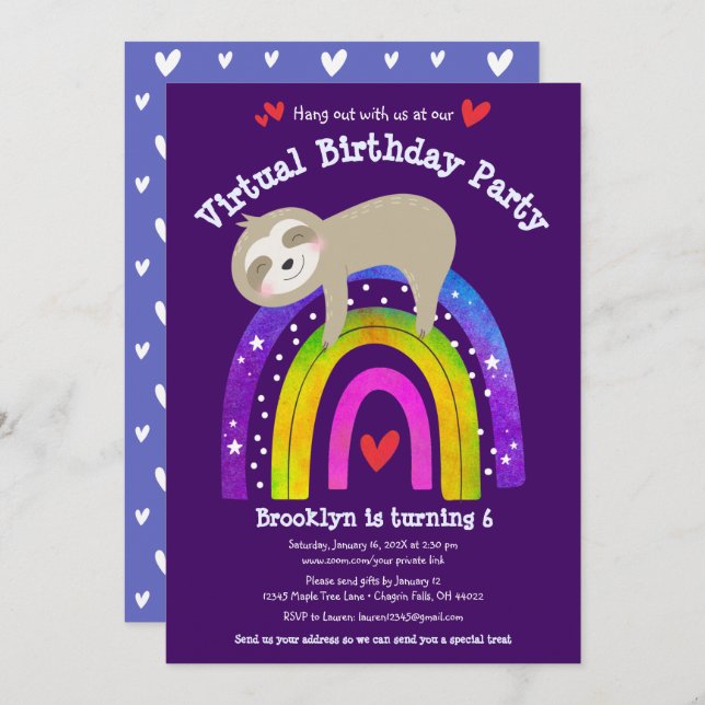 Virtual Birthday Niedlich Sloth Modern Boho Rainbo Einladung (Vorne/Hinten)