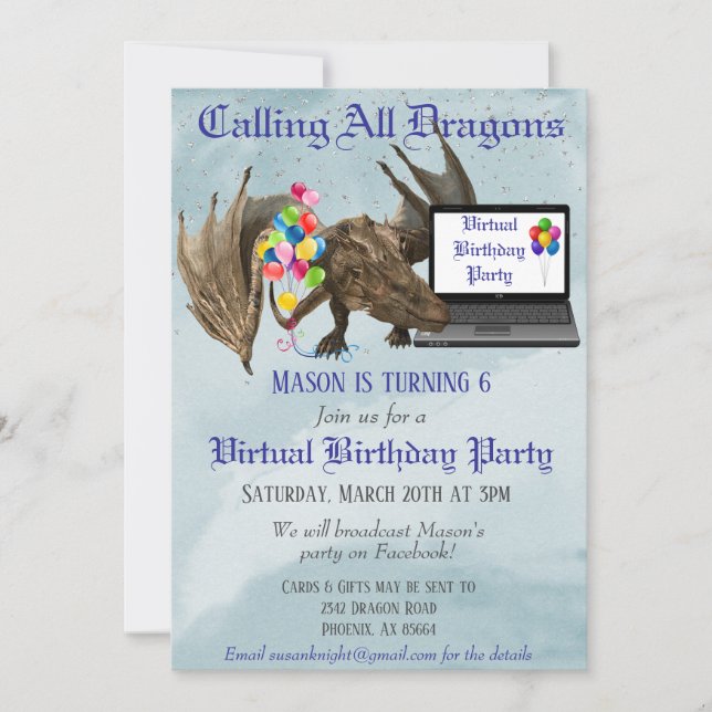 Virtual Birthday Party Dragon Wyvern Einladung (Vorderseite)