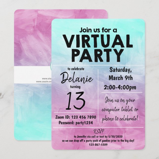 Virtual Birthday Party Watercolor Design Einladung (Vorne/Hinten)