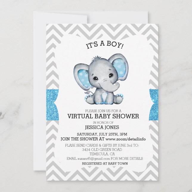 Virtual Blue Elephant Zickzack Glitzer Baby Dusche Einladung (Vorderseite)