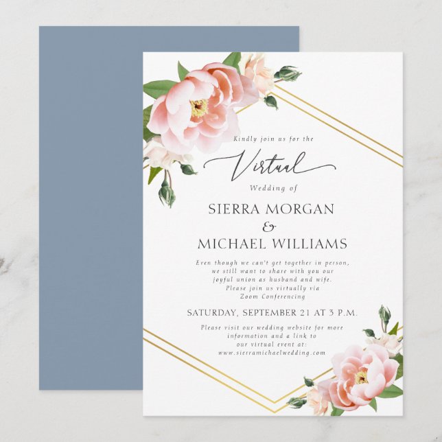 Virtual Blush Floral Gold Dusty Blue Wedding Einladung (Vorne/Hinten)