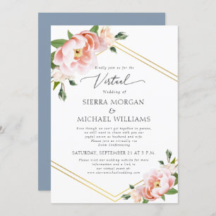 Virtual Blush Floral Gold Dusty Blue Wedding Einladung