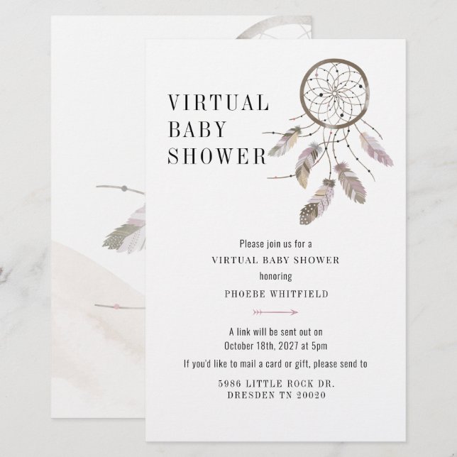 Virtual Boho Dream Catcher Baby Shower Einladung Briefpapier (Vorne/Hinten)