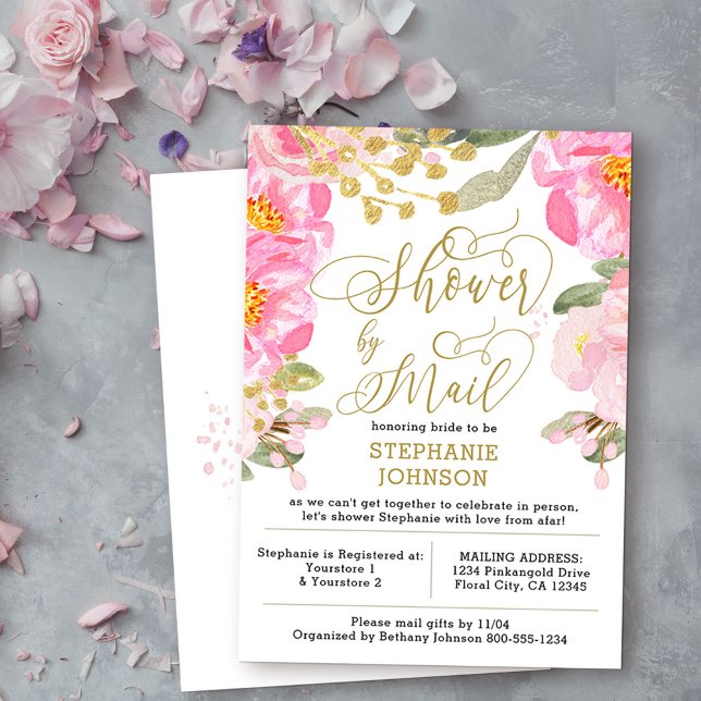 Virtual Brautparty in Rosa und Gold per Mail Einladung (Bridal Shower by Mail invite from my Pink and Gold Watercolor Floral Collection)