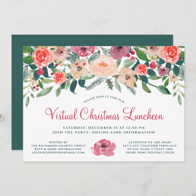 Virtual Christmas Luncheon Winter Florals Einladung (Vorne/Hinten)