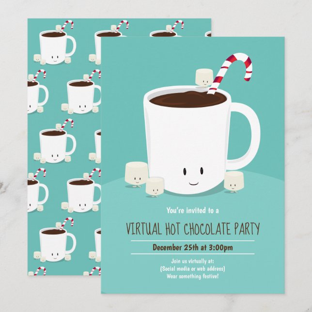 Virtual Christmas Party Hot Chocolate Aquamarin Einladung (Vorne/Hinten)