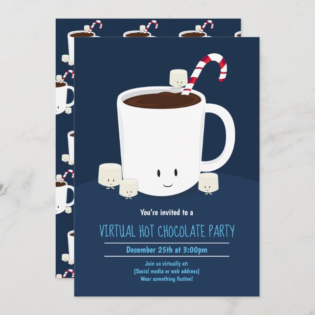 Virtual Christmas Party Hot Chocolate Blue Einladung (Vorne/Hinten)