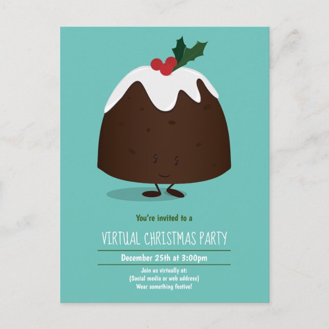 Virtual Christmas Party Pudding Aquamarin White Ca Einladungspostkarte (Vorderseite)