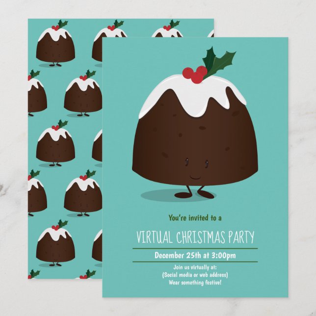 Virtual Christmas Party Pudding Holiday Aquamarin  Einladung (Vorne/Hinten)