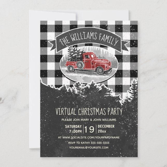 Virtual Christmas Party Vintag Red Truck Kariert Einladung (Vorderseite)