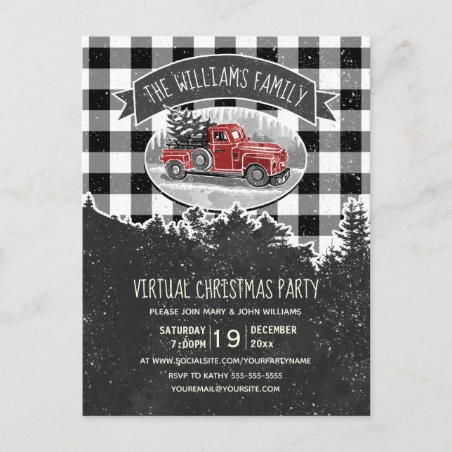 Virtual Christmas Party Vintag Red Truck Kariert Einladungspostkarte (Vorderseite)