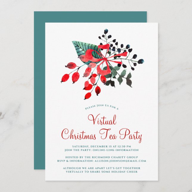 Virtual Christmas Tee Party Winter Berries Blumenb Einladung (Vorne/Hinten)