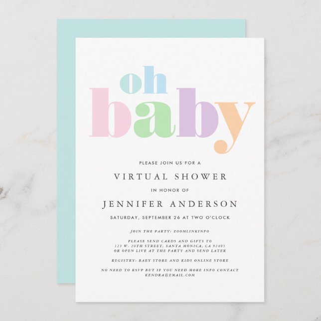 Virtual Dusche | Oh Baby Pastel Minimal Modern Einladung (Vorne/Hinten)