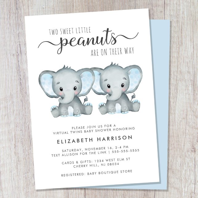 Virtual Elephant Twin Boys Baby Dusche Einladung (Cute twin boys virtual baby shower invitation)
