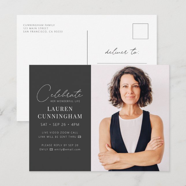 Virtual feiert ihr Leben Modernes, einfaches Foto Einladungspostkarte (Vorne/Hinten)