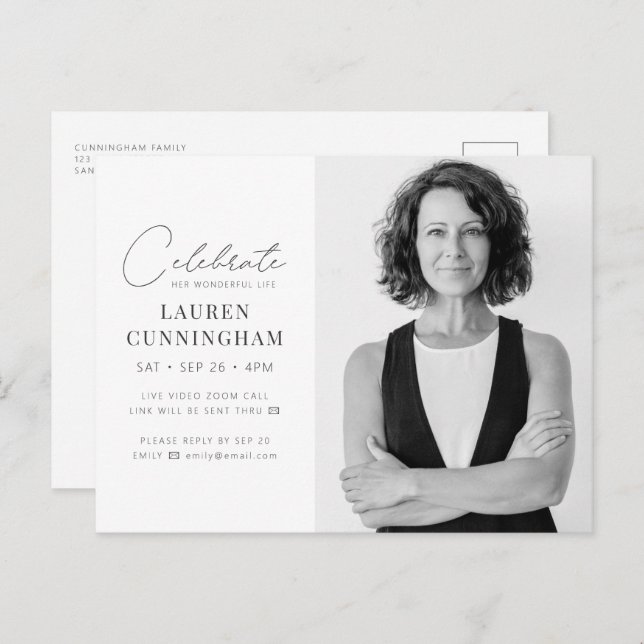 Virtual feiert ihr Leben Modernes, einfaches Foto Einladungspostkarte (Vorne/Hinten)