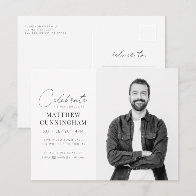 Virtual feiert sein Leben Modernes, einfaches Foto Einladungspostkarte (Vorne/Hinten)