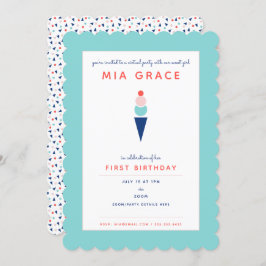 Virtual First Birthday Ice Cream Zoom Party Aqua Einladung