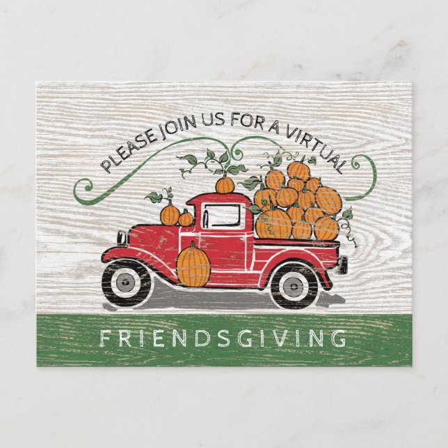 Virtual Friendsgiving Rustic Vintag Truck Pumpkin Einladungspostkarte (Vorderseite)