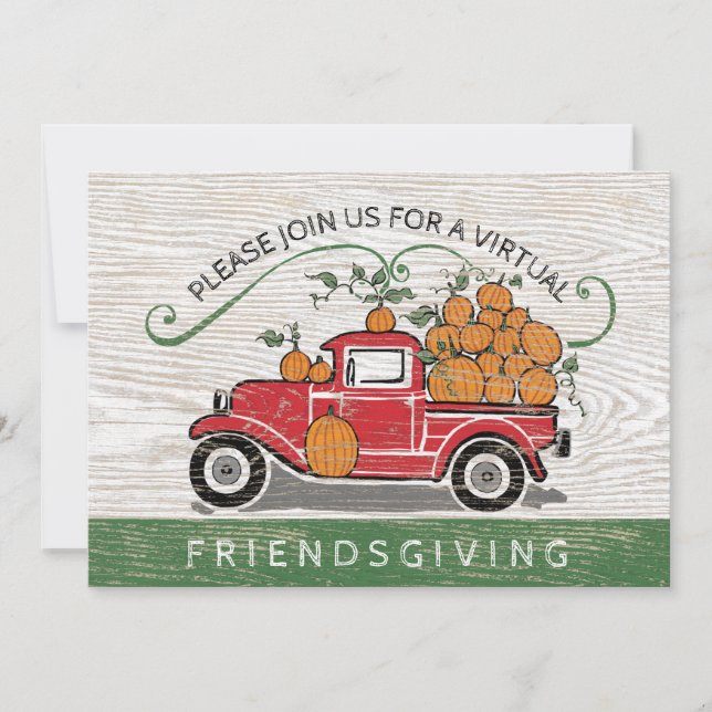 Virtual Friendsgiving Vintag Red Truck Pumpkins Einladung (Vorderseite)