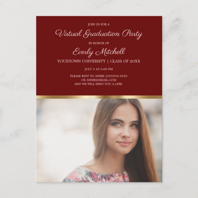 Virtual Graduation Party Burgundy Gold Foto Postkarte (Vorderseite)