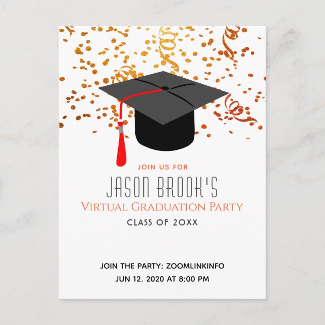 Virtual Graduation Party | Confetti Graduation Cap Einladungspostkarte (Vorderseite)