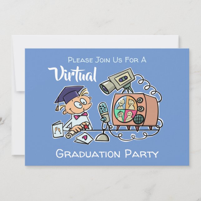 Virtual Graduation Party Funny Cartoon Blau Einladung (Vorderseite)