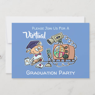 Virtual Graduation Party Funny Cartoon Blau Einladung