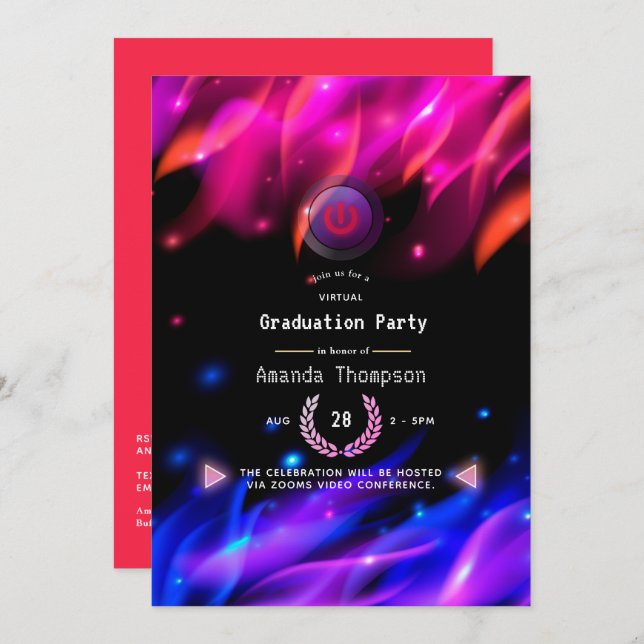 Virtual Graduation Party für Neon Glow Flammen Einladung (Vorne/Hinten)