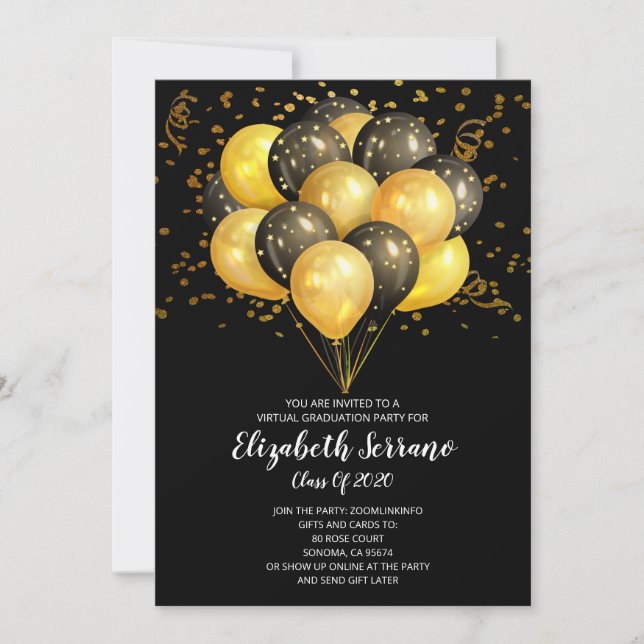 Virtual Graduation Party Gold Black Balloons Einladung (Vorderseite)