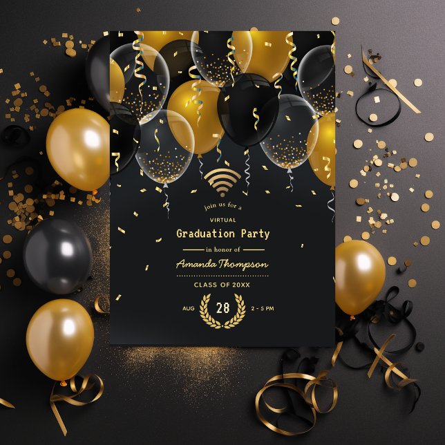 Virtual Graduation Party in Black and Gold Ballon Einladung (Von Creator hochgeladen)
